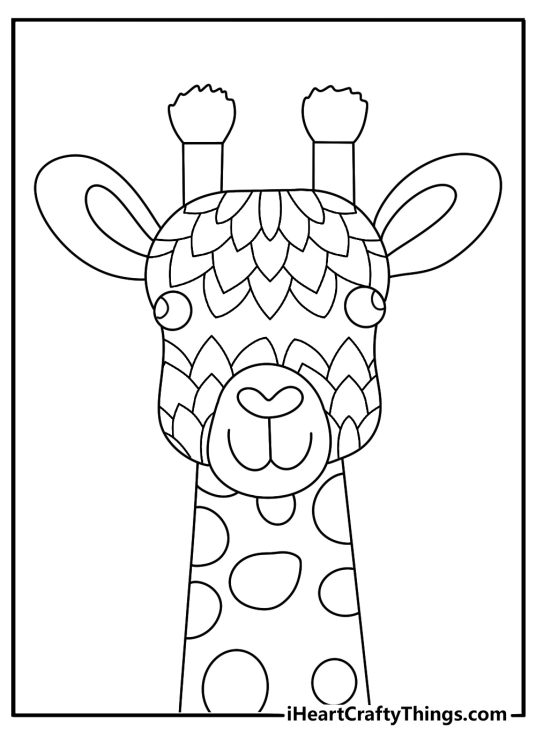 Animal mandala coloring page for adults with a giraffe head and leaf patterns