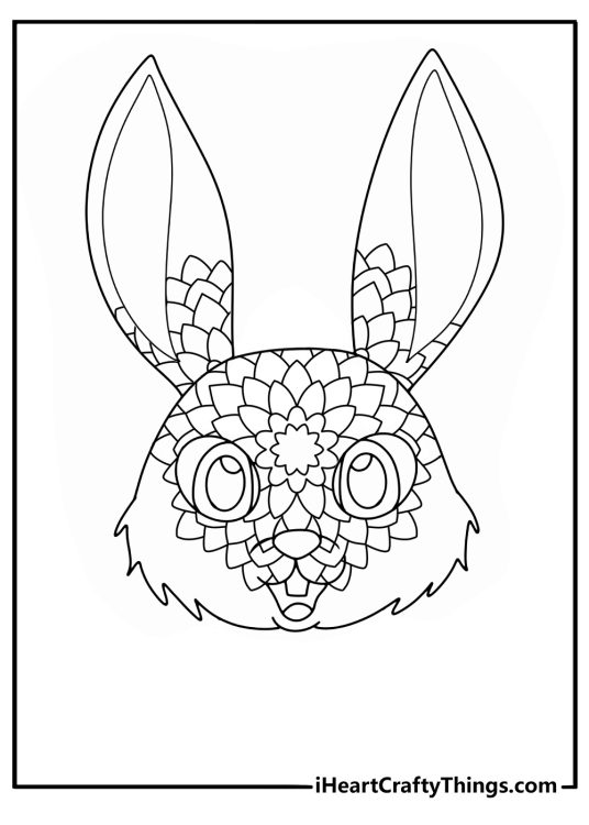 Animal mandala coloring page with a rabbit face filled with flower patterns