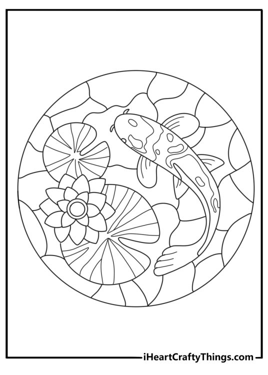 Animal mandala coloring pages for adults with a koi fish in a lotus circle