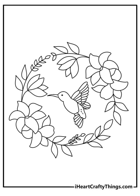Animal mandala coloring pages scene with a hummingbird inside flower circles