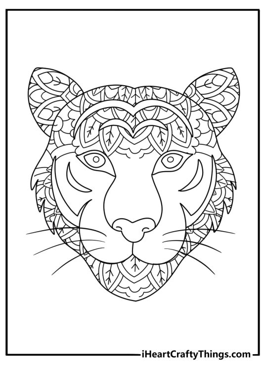 Animal mandala coloring sheet with a tiger head and striped petal designs