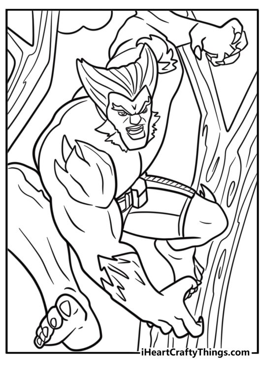 Beast swinging from a tree with agility free printable coloring page