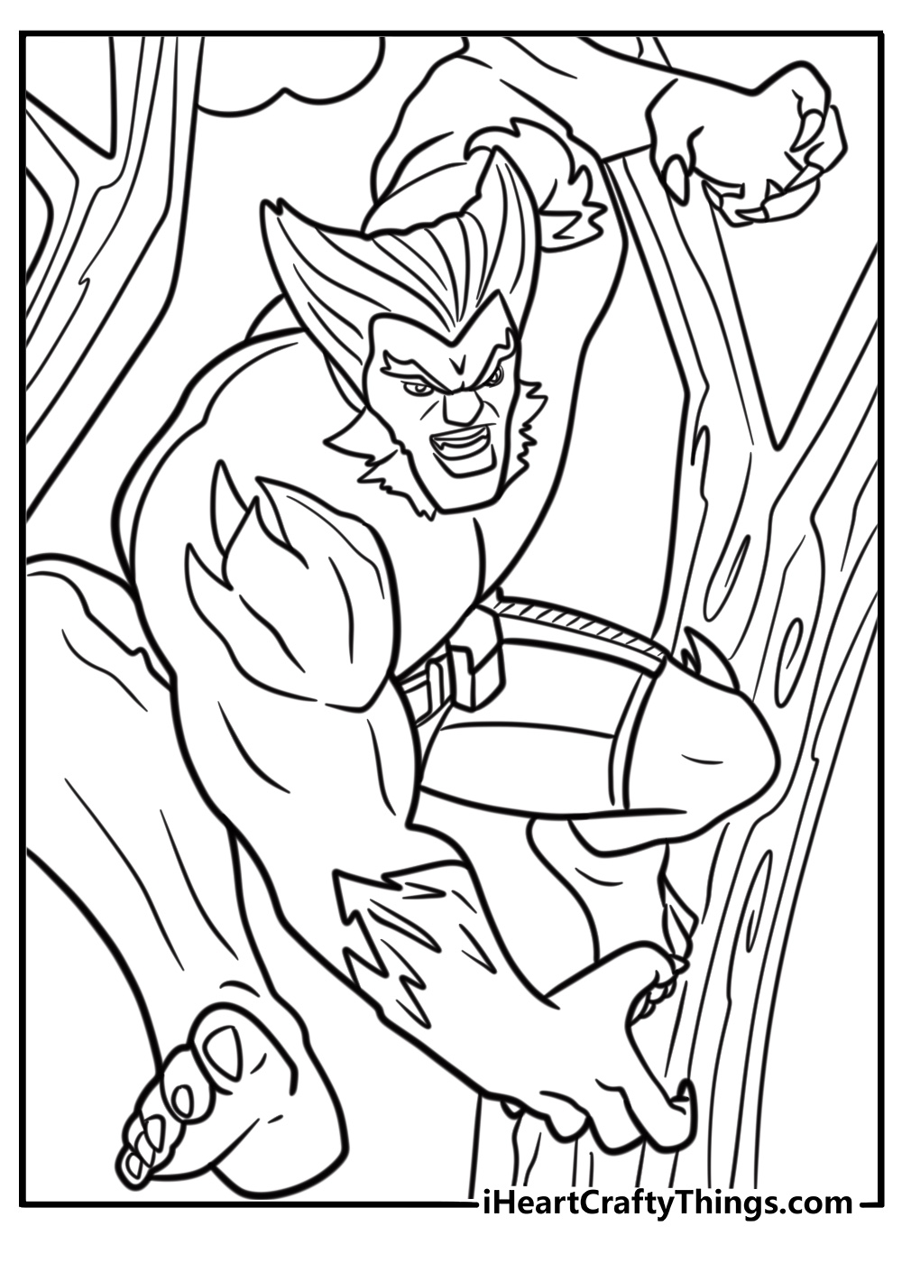 Beast swinging from a tree with agility free printable coloring page