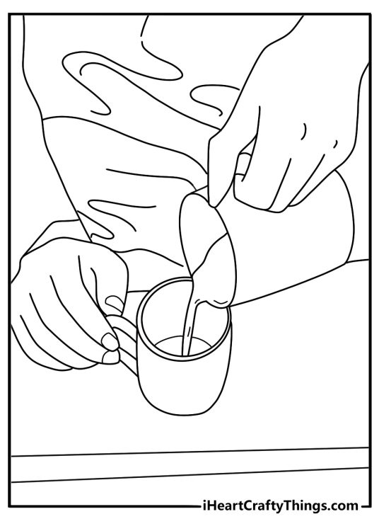 Cafe barista pouring hot cocoa at counter coloring page for adults