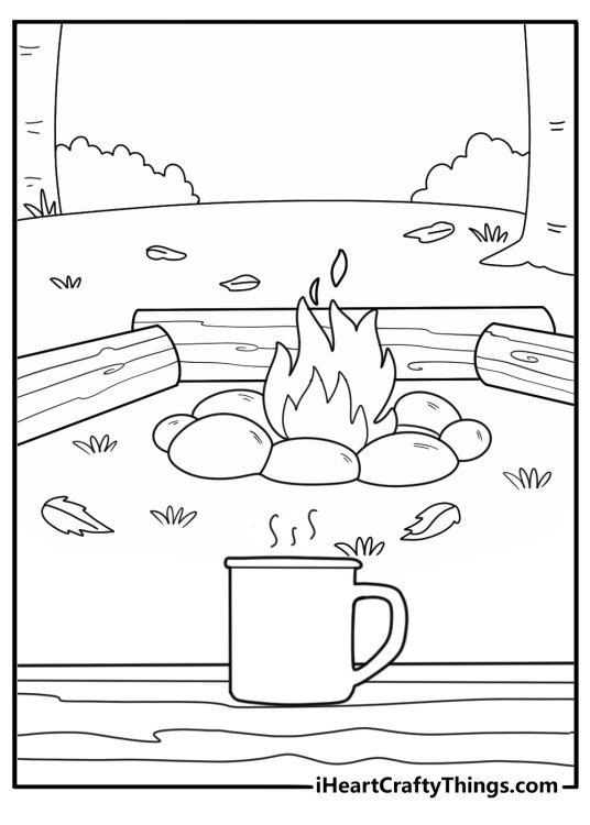 Campfire hot cocoa in enamel mug outdoors printable coloring page