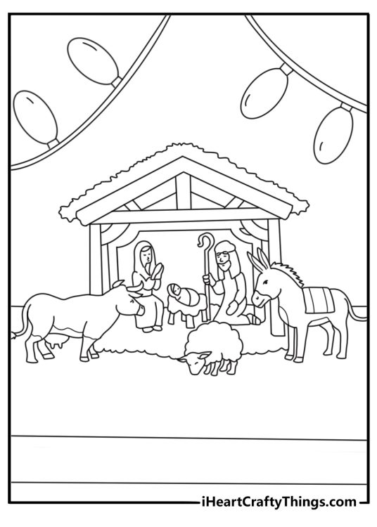 Christmas nativity scene set inside the church simple coloring page for kids
