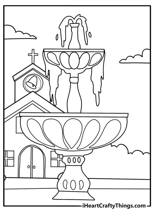 Church courtyard with stone fountain and ivy detailed coloring sheet