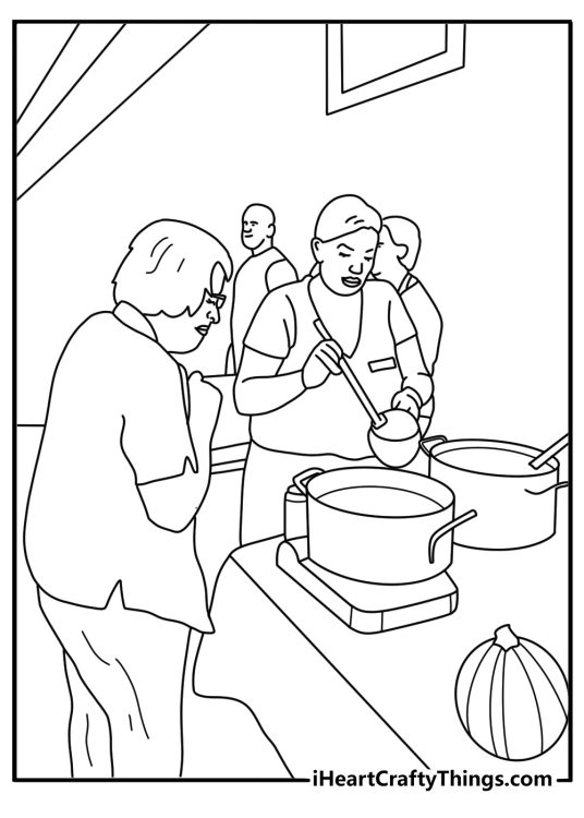 Church kitchen with community soup pots and serving table fun coloring page printable