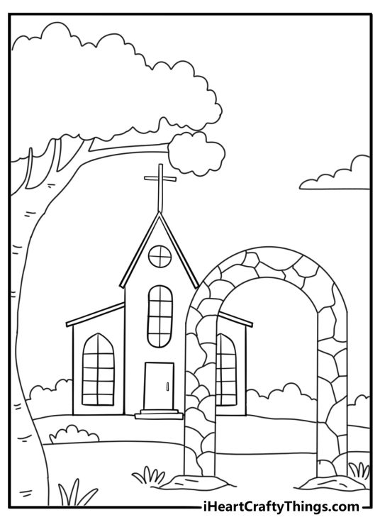 Cloister walkway with stone arches beside church garden detailed coloring page