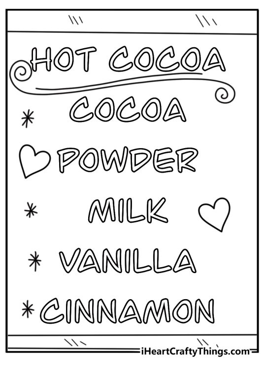 Cocoa bar menu chalkboard with toppings list printable coloring page
