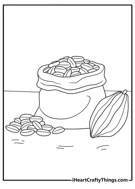 Cocoa beans in burlap sack printable coloring page for kids