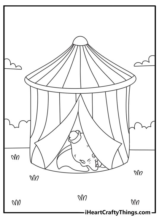 Cute Dumbo coloring page with Dumbo resting under a striped tent