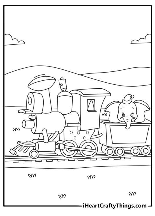 Cute Dumbo coloring page with Dumbo sitting beside a toy train