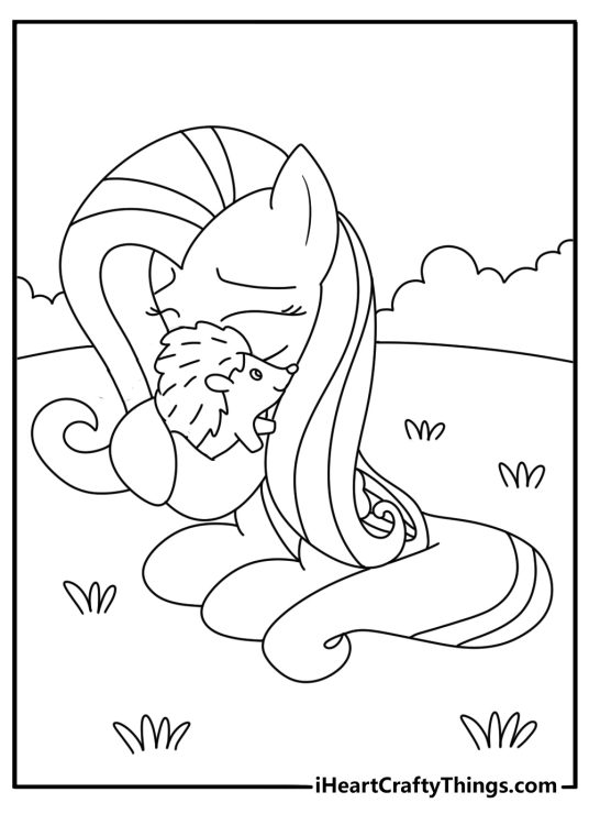 Cute Fluttershy coloring page with Fluttershy grooming a little hedgehog