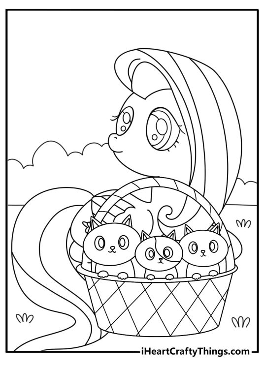 Cute Fluttershy coloring page with Fluttershy sitting beside a basket of kittens