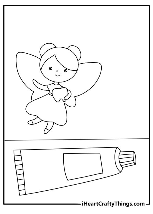 Cute Tooth Fairy coloring page with a fairy beside a toothpaste tube