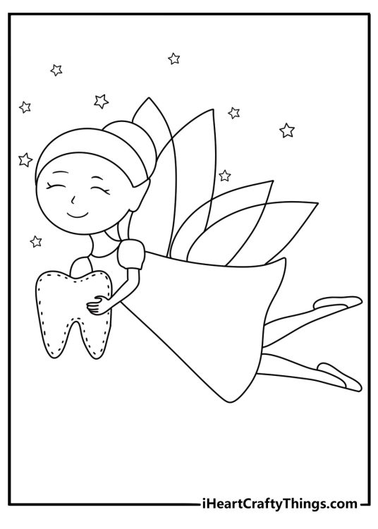 Cute Tooth Fairy coloring page with a fairy carrying a tooth pillow