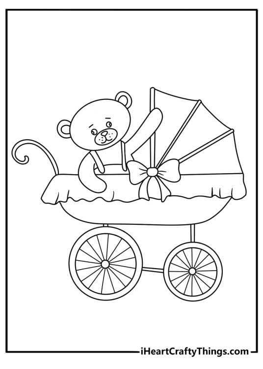 Cute vintage coloring page with a teddy bear in a pram