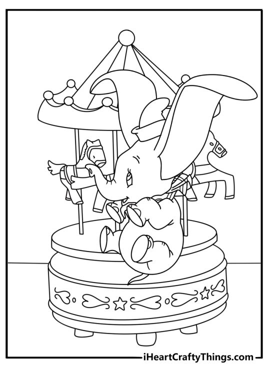Detailed Dumbo coloring page with Dumbo near a carousel horse