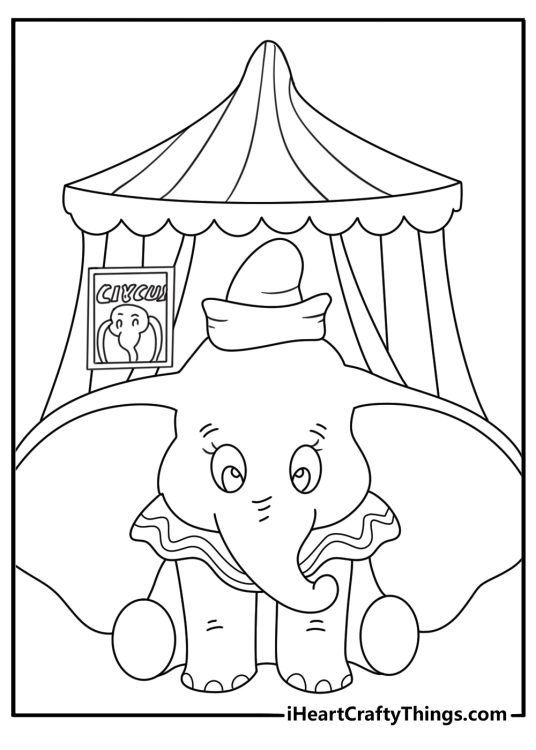 Detailed Dumbo printable with circus posters behind Dumbo