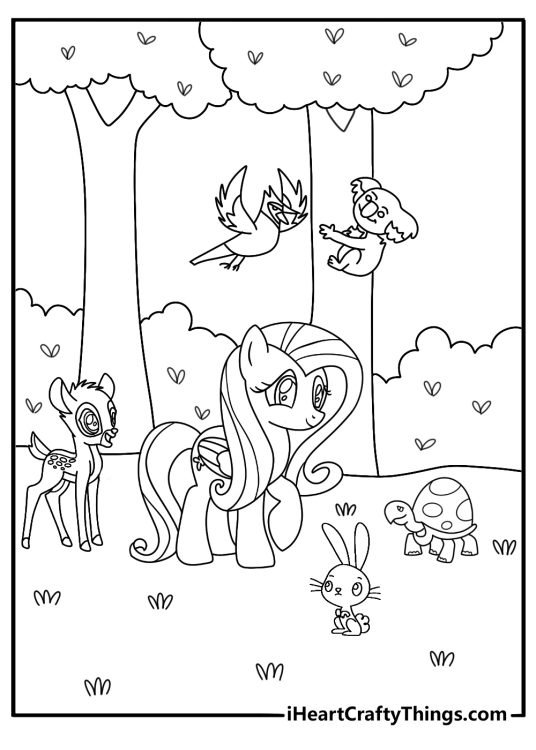 Detailed Fluttershy coloring page with Fluttershy beside a garden full of animal homes