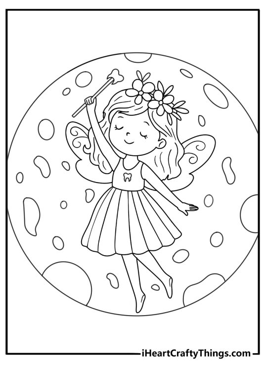 Detailed Tooth Fairy coloring page with fairy wings and moon patterns