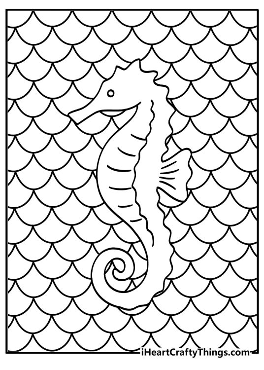 Detailed animal mandala coloring page with a seahorse inside shell patterns