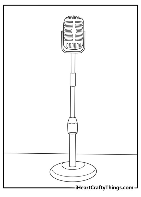Detailed vintage coloring page with a 1940s microphone on a stand