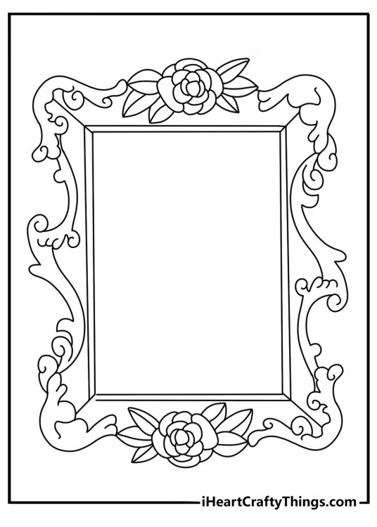 Detailed vintage coloring page with an ornate picture frame and roses