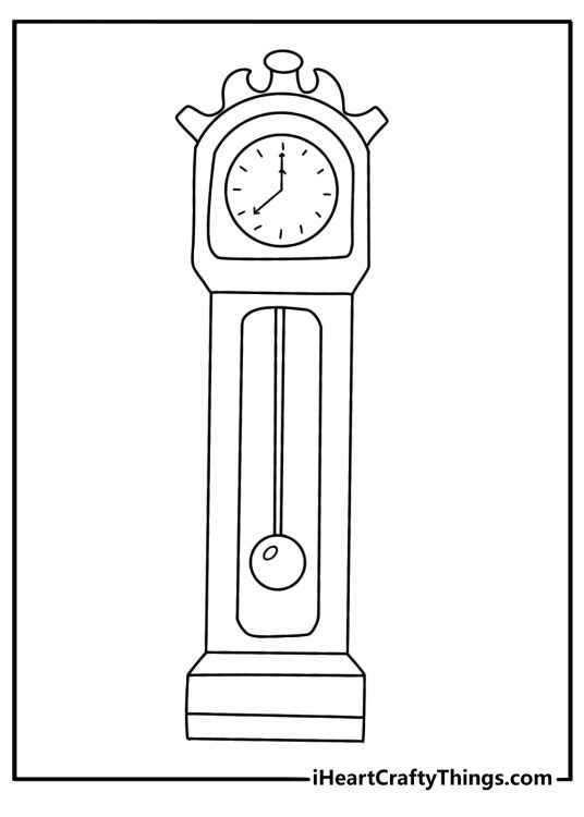 Detailed vintage coloring sheet with a grandfather clock and carved wood