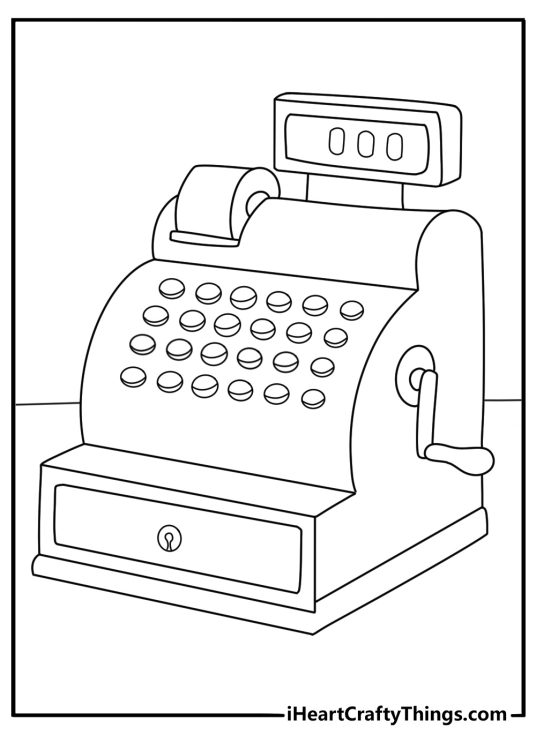 Detailed vintage printable with an antique cash register on a shop counter