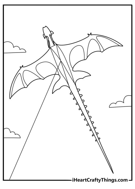 Dragon shaped kite in the sky detailed coloring page for adults