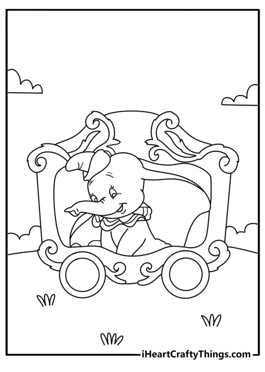 Dumbo coloring page for kids with Dumbo walking beside circus wagons