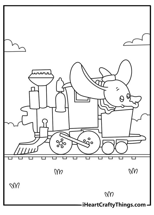 Dumbo coloring page with Dumbo riding in a circus train car