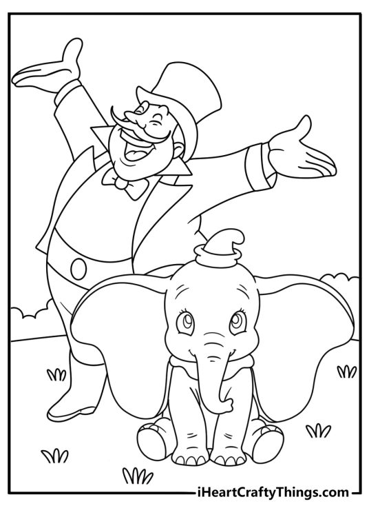 Dumbo coloring page with Dumbo standing near a ringmaster hat