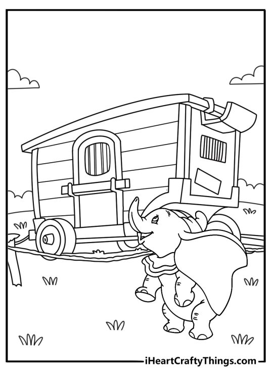 Dumbo coloring pages for kids with Dumbo near a big top entrance