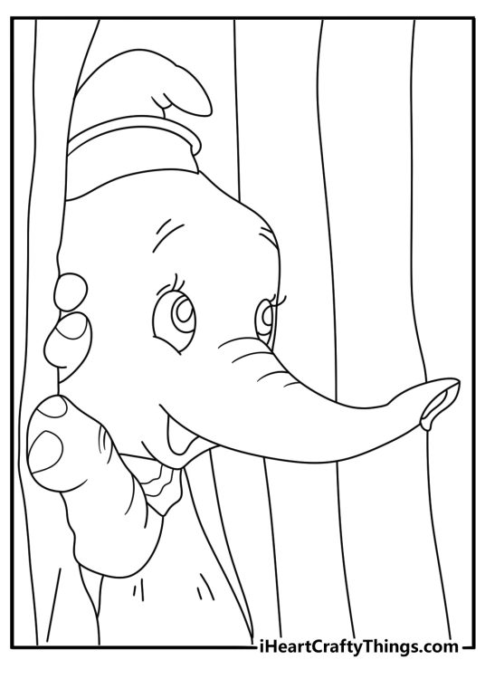 Dumbo coloring pages scene with Dumbo peeking from behind a circus curtain