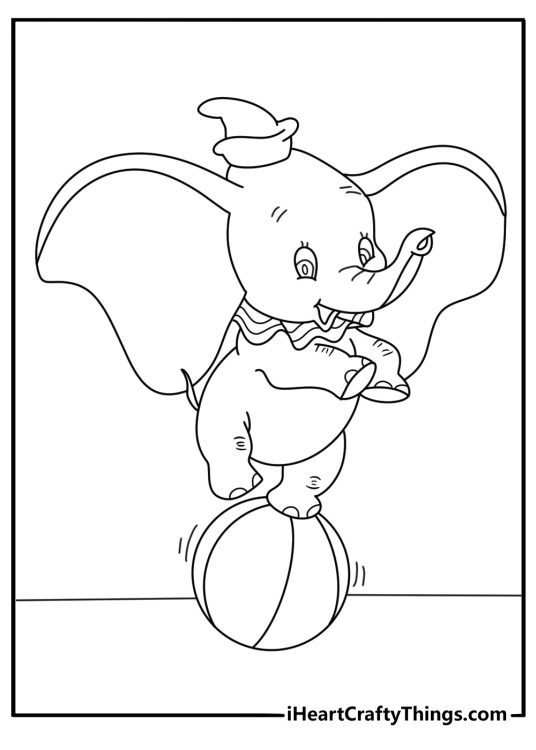 Dumbo coloring printable with Dumbo balancing on a circus ball