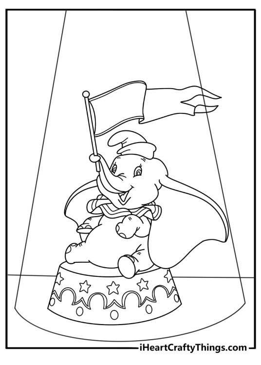 Dumbo coloring sheet with Dumbo under a spotlight and circus flags