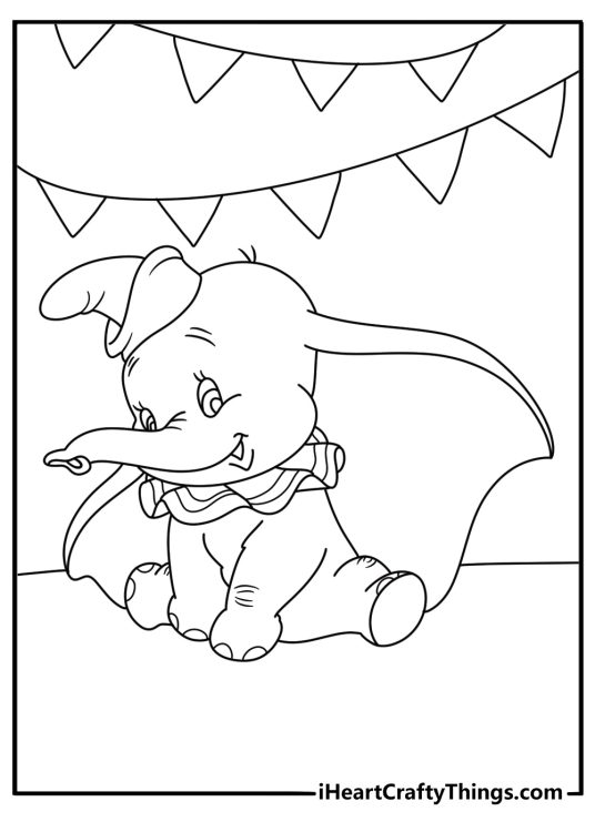 Dumbo coloring sheet with Dumbo wearing a tiny circus hat near bunting