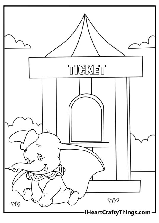 Easy Dumbo coloring page with Dumbo beside a ticket booth