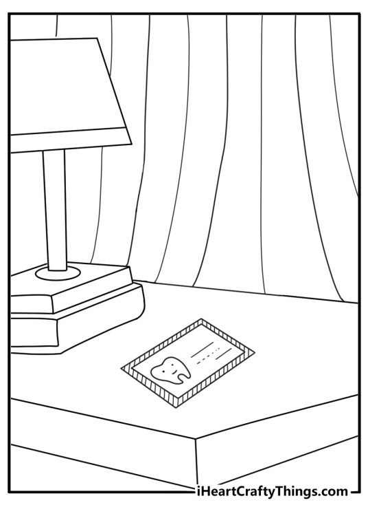 Easy Tooth Fairy coloring page with a tooth envelope on a nightstand