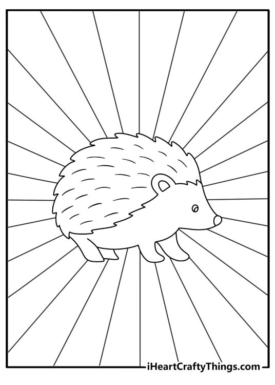 Easy animal mandala coloring page with a hedgehog inside sunburst shapes
