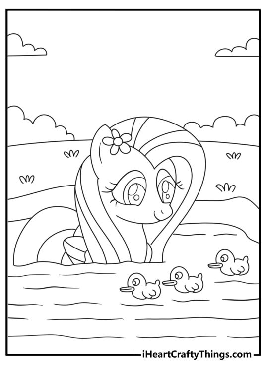Fluttershy coloring page for kids with Fluttershy leading ducklings across a path