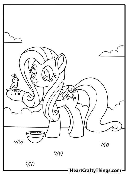 Fluttershy coloring page with Fluttershy feeding birds from a small bowl