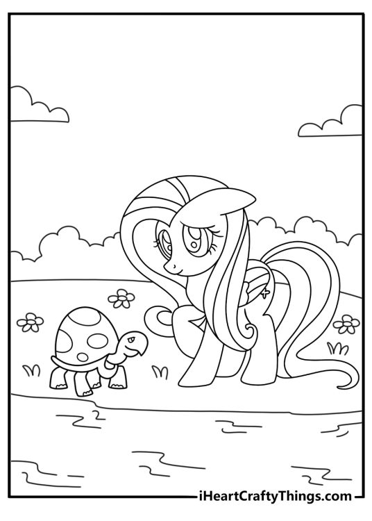 Fluttershy coloring pages scene with Fluttershy helping a turtle near a pond