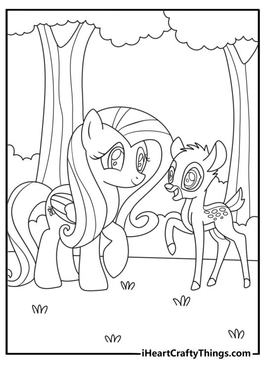 Fluttershy coloring printable with Fluttershy standing beside a deer in the woods