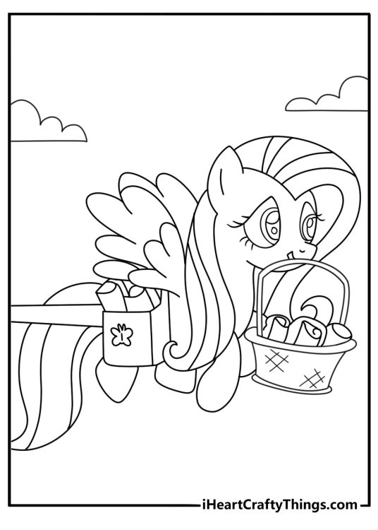 Fluttershy coloring sheet with Fluttershy carrying a basket of animal treats