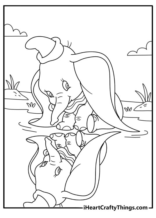 Free Dumbo coloring page with Dumbo looking at his reflection in water