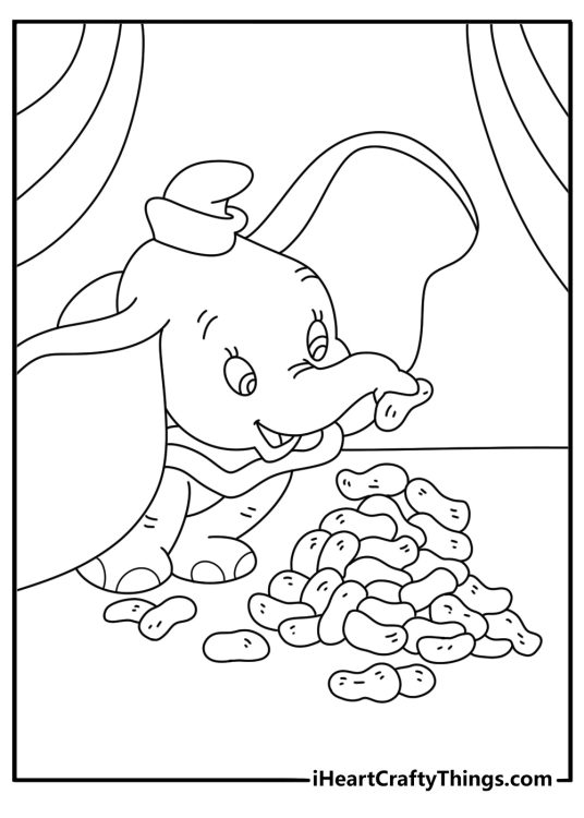 Free Dumbo printable of Dumbo beside a pile of circus peanuts